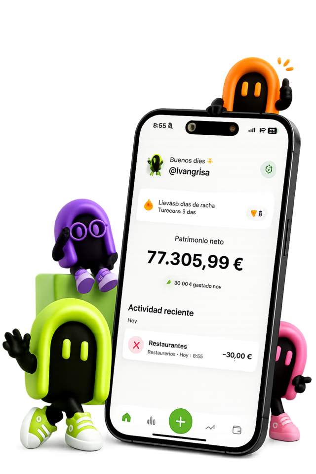 Mascotas de Neto junto a la app mostrando el patrimonio neto